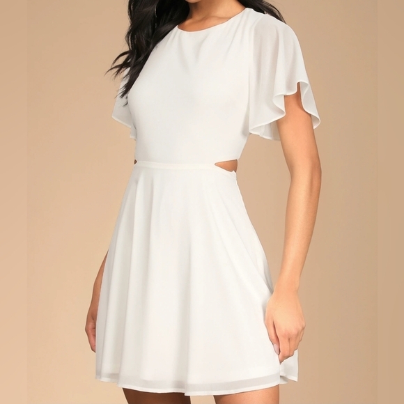 Lulus Dresses & Skirts - Lulus Blissful Love Ivory Cutout Mini Skater Dress, Flutter Chiffon Sleeves